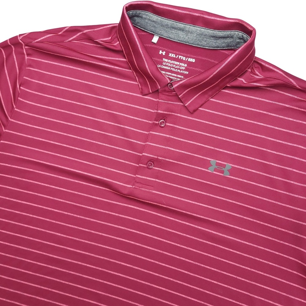 Under Armour Playoff Polo Shirt Mens 2XL Pink Stripe Golf Stretch Logo Top
